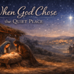 A serene nativity scene under a starlit sky, glowing with quiet peace, humble love, and holy stillness.