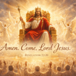 Jesus Christ reigning in glory on His throne, crowned as King of kings, with angels worshiping in heaven.