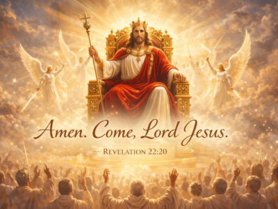 Jesus Christ reigning in glory on His throne, crowned as King of kings, with angels worshiping in heaven.