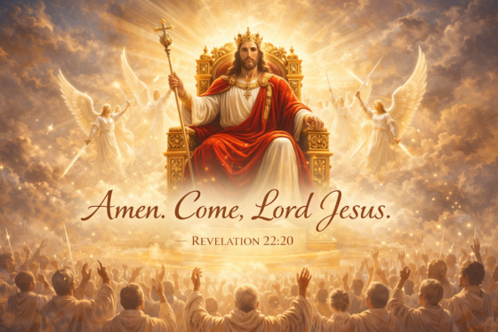 Jesus Christ reigning in glory on His throne, crowned as King of kings, with angels worshiping in heaven.
