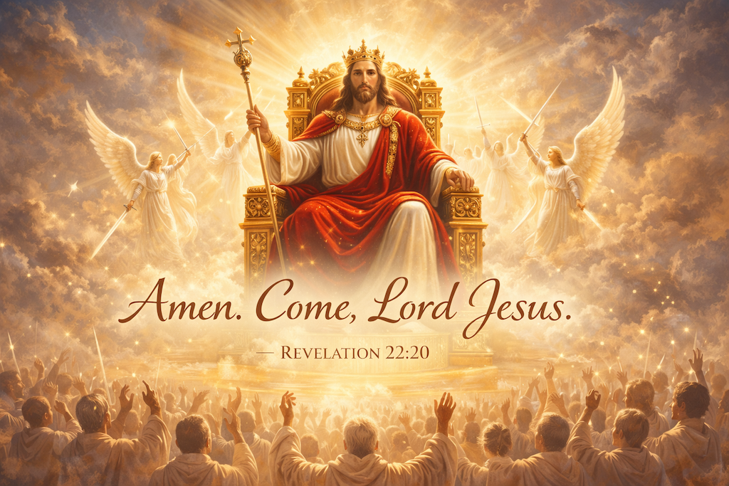 Jesus Christ reigning in glory on His throne, crowned as King of kings, with angels worshiping in heaven.