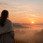 Woman overlooking a misty open field at the setting sun
