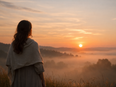 Woman overlooking a misty open field at the setting sun