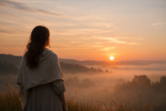 Woman overlooking a misty open field at the setting sun