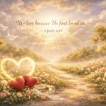 Heavenly garden filled with roses and golden light, symbolizing God’s love, with a path leading toward radiant glory.