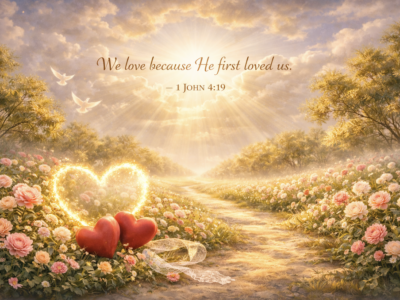 Heavenly garden filled with roses and golden light, symbolizing God’s love, with a path leading toward radiant glory.