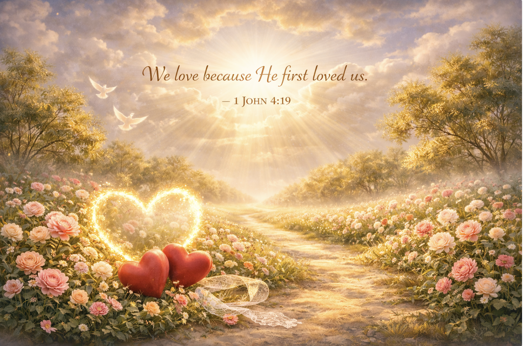 Heavenly garden filled with roses and golden light, symbolizing God’s love, with a path leading toward radiant glory.