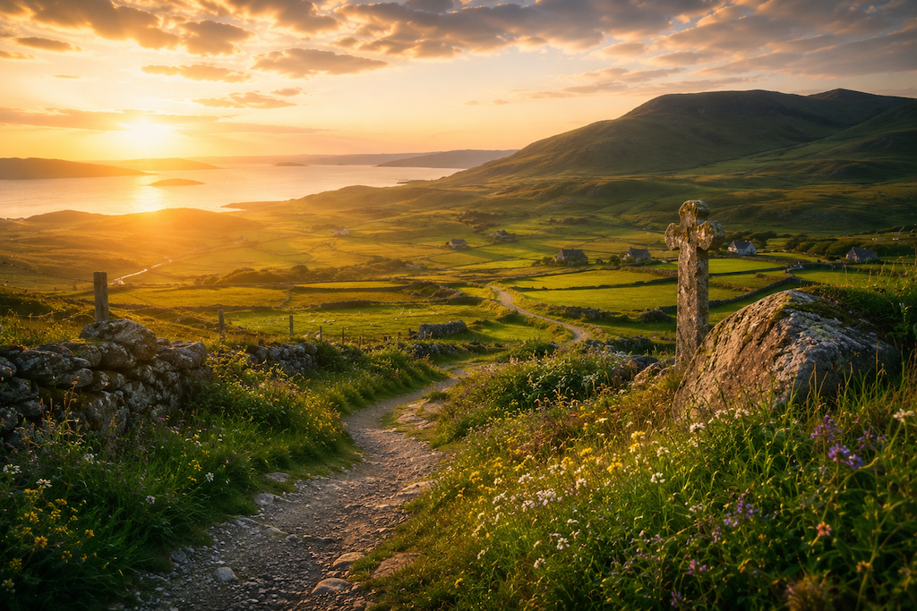 A-peaceful-Irish-countryside-at-golden-hour-with-rolling-green-hills