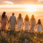 Women holding hands with their backs facing us and looking at the sunset.
