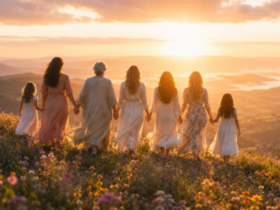 Women holding hands with their backs facing us and looking at the sunset.
