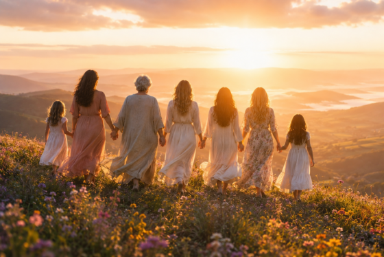 Women holding hands with their backs facing us and looking at the sunset.